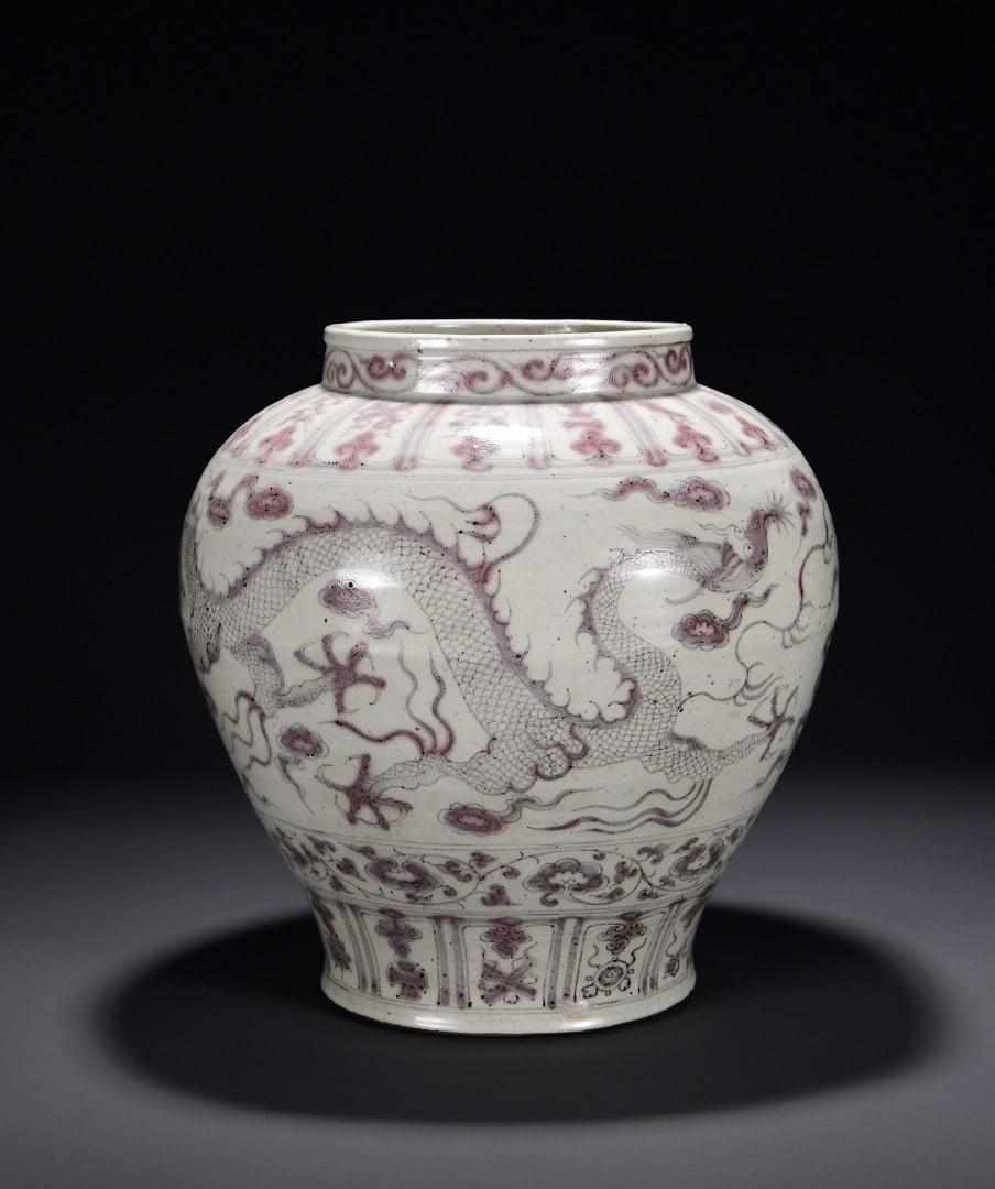 An Exquisite Underglaze-Red Dragon Pattern Jar: An Exquisite Underglaze-Red Dragon Pattern Jar,Yuan Dynasty, China,Size:16.5inx15in 釉里红龙纹罐,中国元代