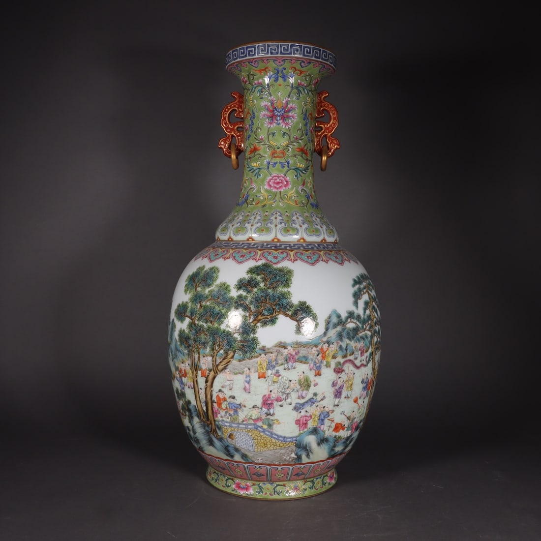 An Exquisite Famille-Rose Character and Story Pattern Double-Ears Vase: An Exquisite Famille-Rose Character and Story Pattern Double-Ears Vase,Qing Dynasty, China,Qianlong Six-character Mark,Size:21.7inx5.5inx6.7in 粉彩人物故事纹&
