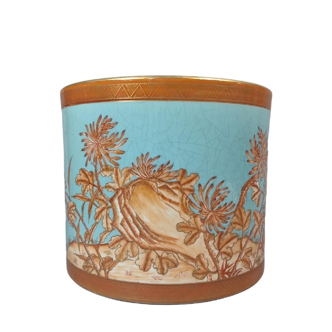 An Exquisite Sky Blue Ground Ground Iron-Red Painted Gold Flower Pattern Brush Pot: An Exquisite Sky Blue Glazed Ground Iron-Red Painted Gold Flower Pattern Brush Pot,Qing Dynasty, China,Yongzheng Six-character Mark,Size:6.5inx7.9in 天蓝地矾红描