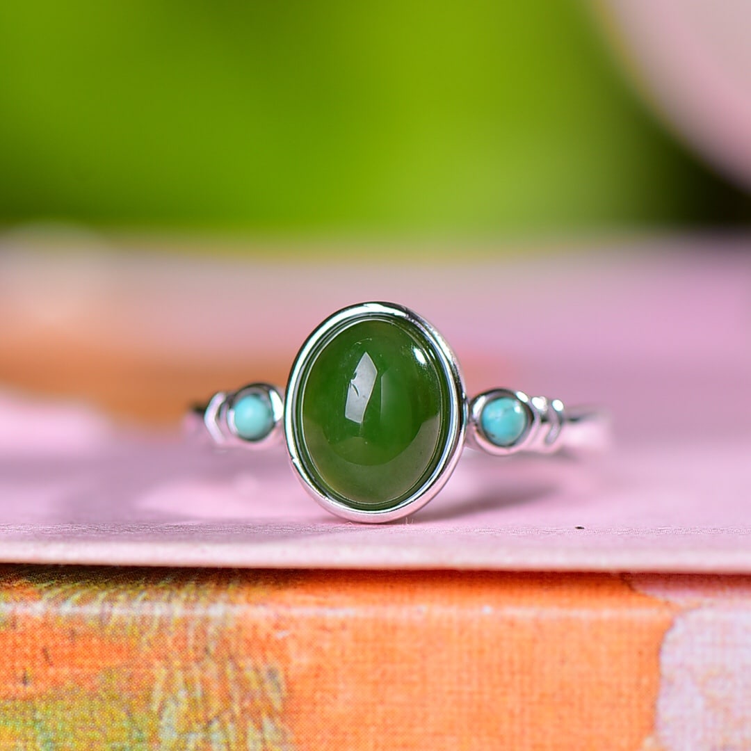 A Exquisite Silver Inlaid Hotan Jasper Cabochon Ring (1 of 5)