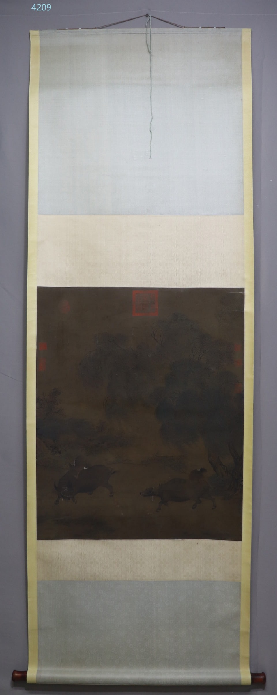 A Chinese Vertical Scroll Ink Painting of Herding Cattle on Silk: A Chinese Vertical Scroll Ink Painting of Herding Cattle on Silk,Li di,Size:(Without frame)26inx31.9in,一幅中国水墨绢本牧牛图立&