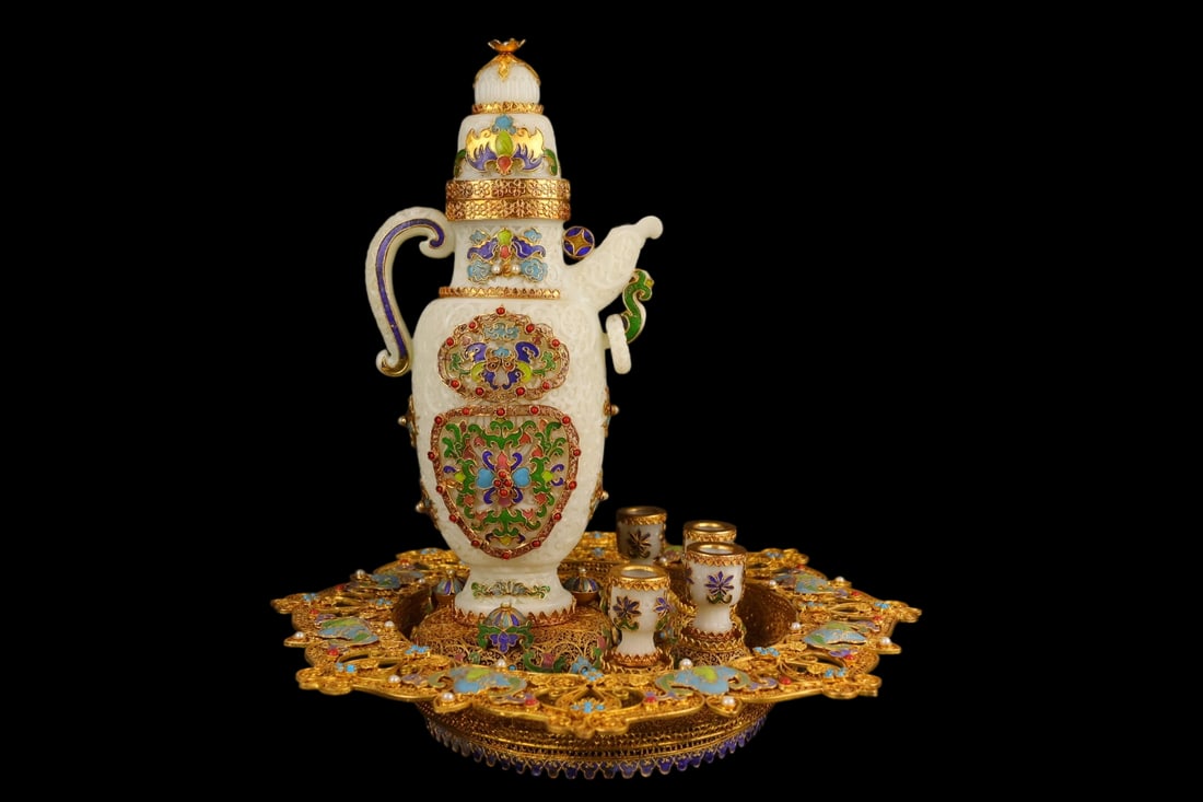 A Set of Fine Filigree and Gilding Inlaid White Jade Wine Vessel,Inlaid Gems
