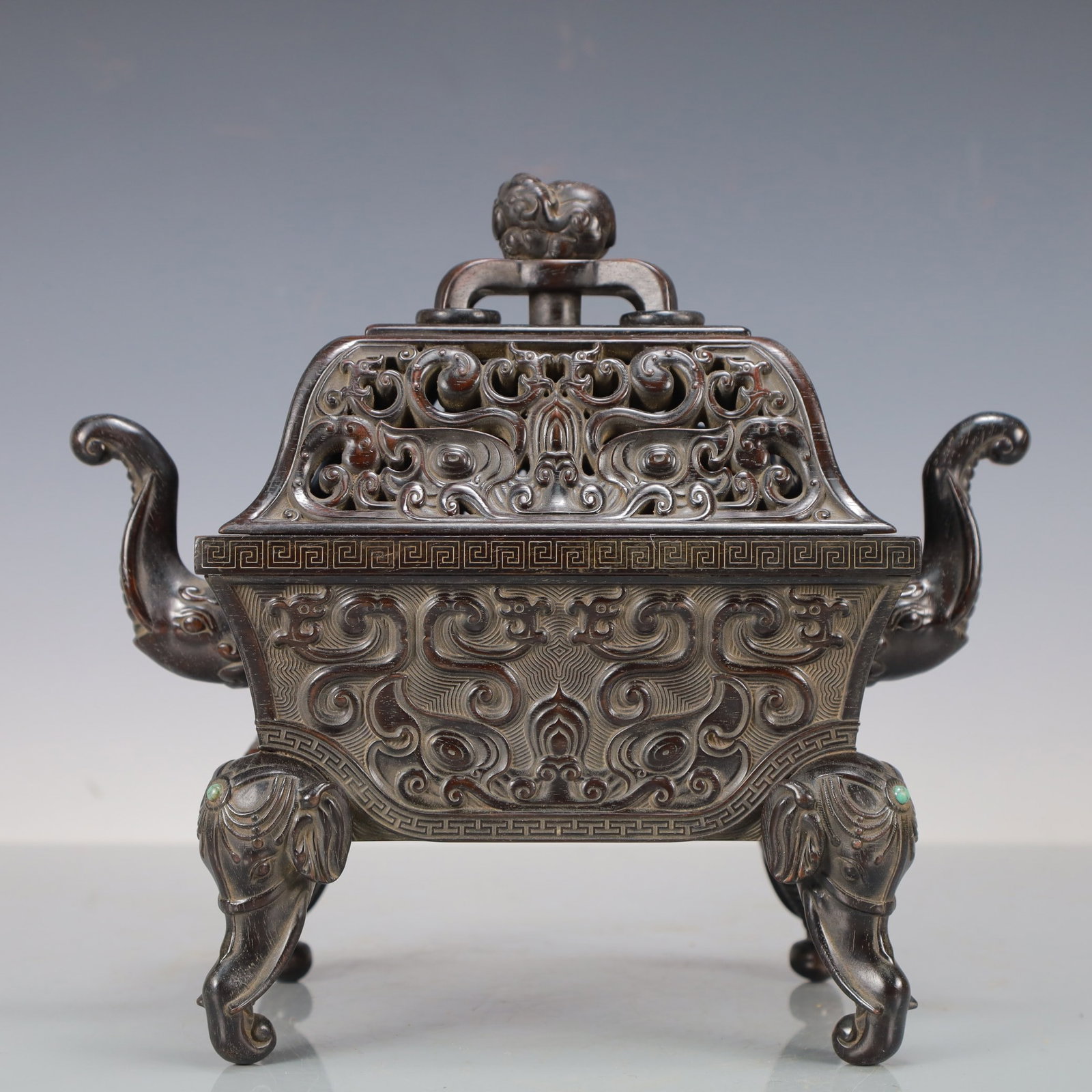 An Exquisite Zitanwood Dragon Pattern with Cover Elephant-Ears four legs Censer