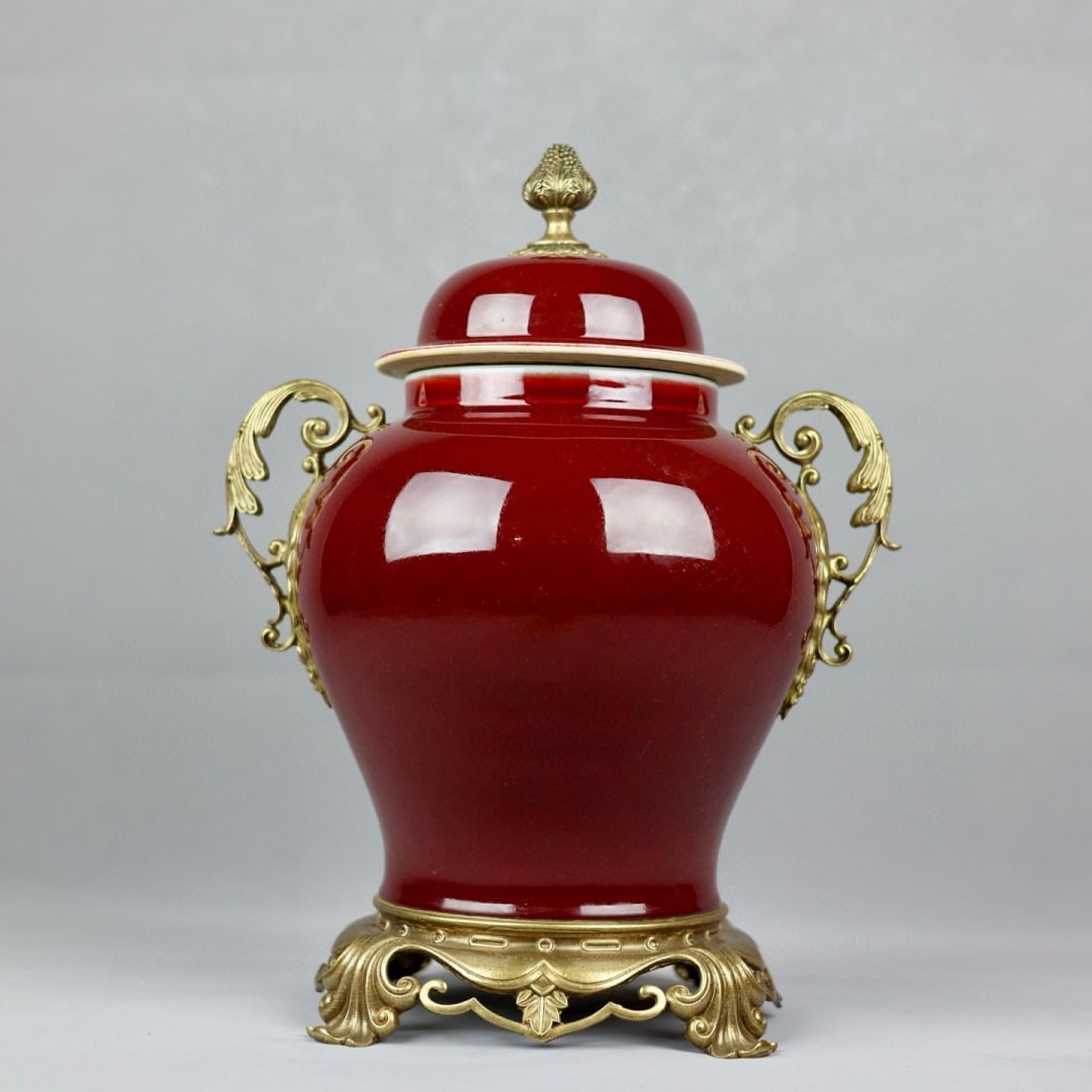 An Exquisite Langyao red glaze Inlaid Bronze Double-Ears Jar