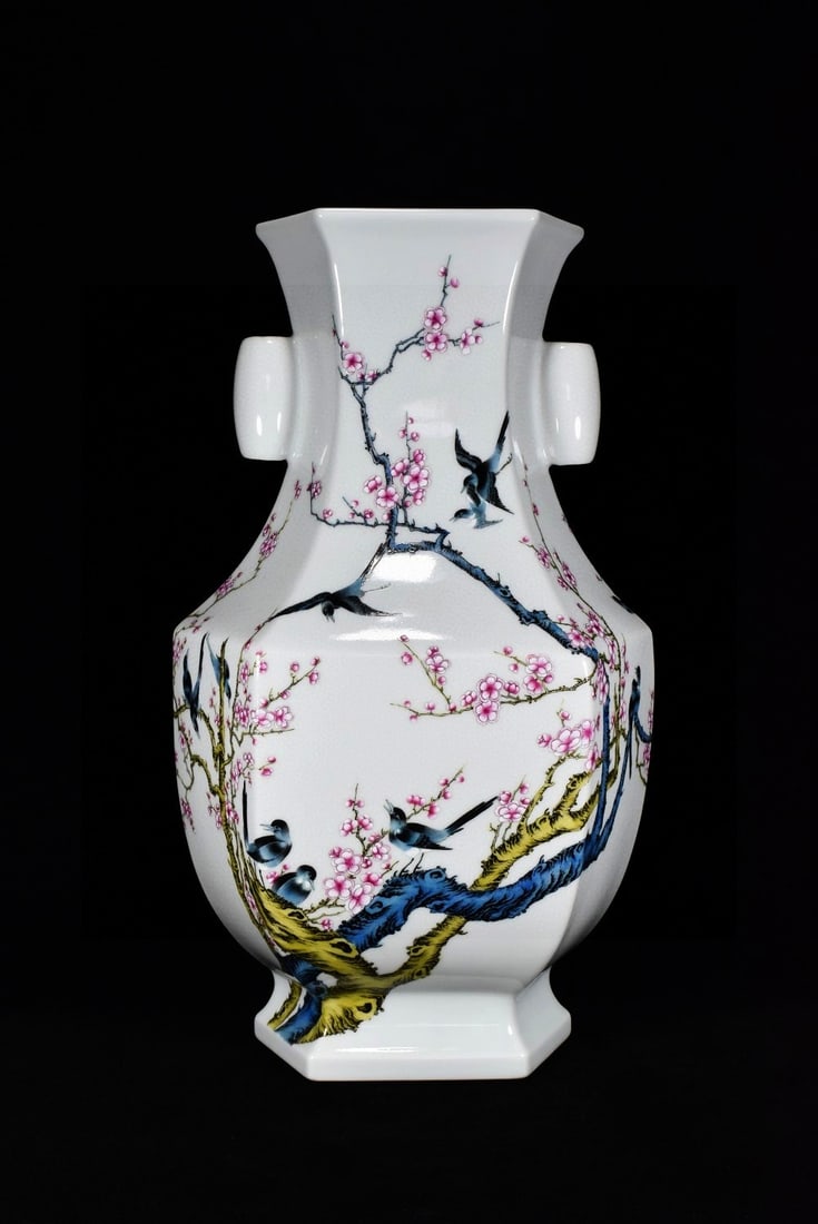 An Exquisite Enamel Flower and Bird Pattern Double-Ears Vase: An Exquisite Enamel Flower and Bird Pattern Double-Ears Vase,Qing Dynasty,China,with Qianlong Six-character Mark,Size:17.7inx10.6in,珐琅彩花鸟纹双耳