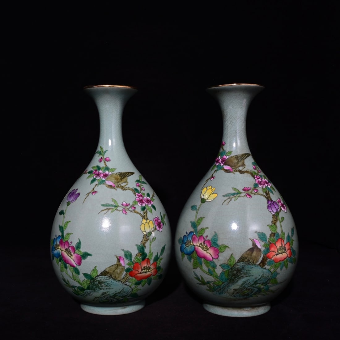 A Pair of Exquisite Ru yao Enamel Painted Gold Flower and Bird Pattern with poem Vases,: A Pair of Exquisite Ru yao Enamel Painted Gold Flower and Bird Pattern with poem Vases,Song Dynasty, China,With Mark,Size:11.2inx6.3in 一对汝窑珐琅彩描&