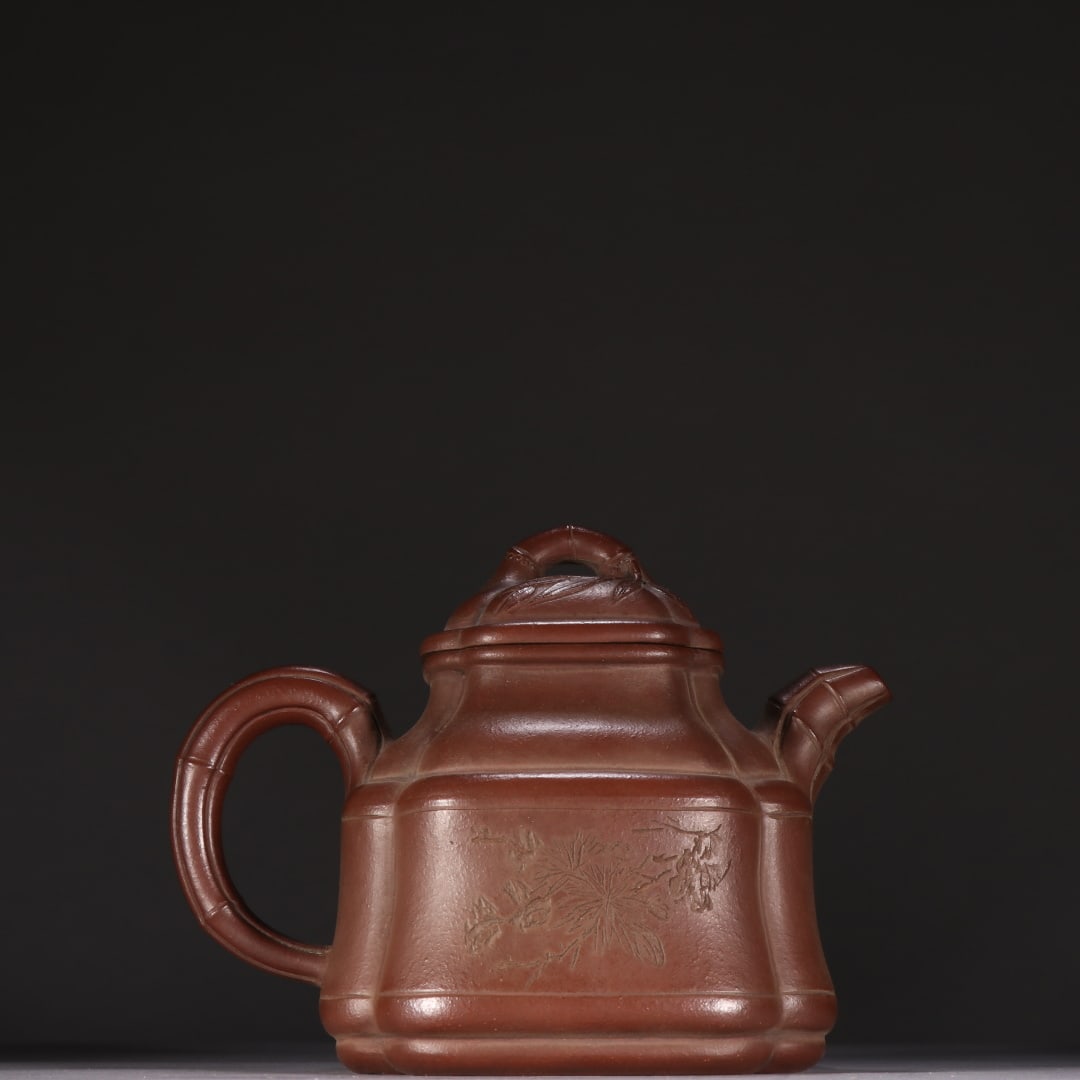 An Exquisite Purple Sands Flower and Bird Pattern Teapot,with poem: An Exquisite Purple Sands Flower and Bird Pattern Teapot,with poem,the Republic of China,with Famous Artisan Mark,Size:5inx6.5in,紫砂花鸟纹茶壶,带෻