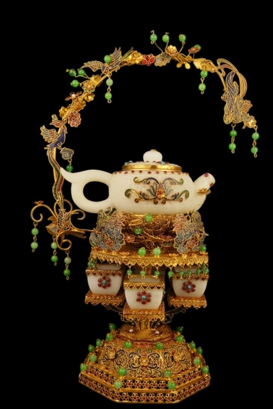 A Set of Fine Filigree and Gilding Inlaid White Jade Teaware,Inlaid Gems (1 of 9)