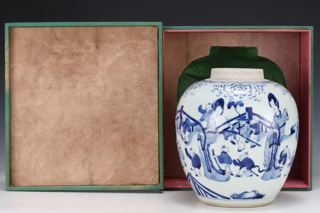 An Exquisite Blue and White Character and Story Pattern Jar: An Exquisite Blue and White Character and Story Pattern JarQing Dynasty, China,Size:9inx8.3in,青花人物故事纹罐,中国清代,