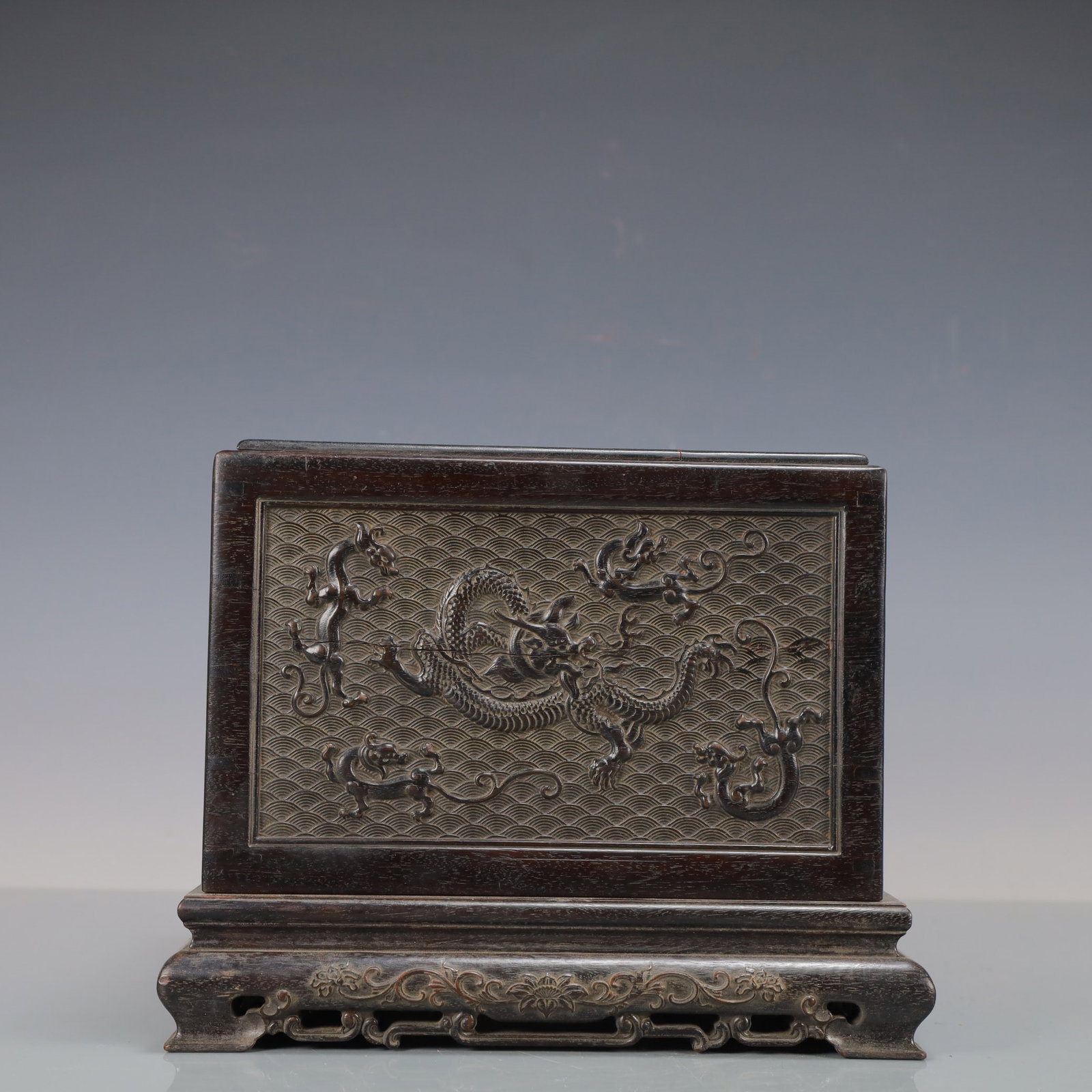 An Exquisite Zitanwood Dragon Pattern Box,with Qianlong Imperial Poem Inscription: An Exquisite Zitanwood Dragon Pattern Box,with Qianlong Imperial Poem Inscription,Qing