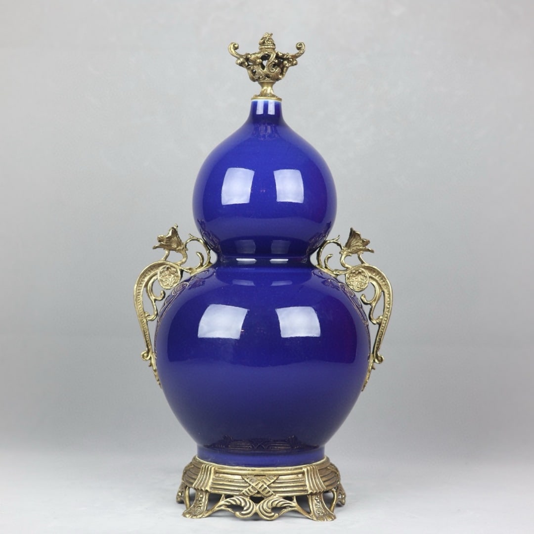 An Exquisite Blue Glazed Inlaid Bronze Double-Ears Gourd Vase: An Exquisite Blue Glazed Inlaid Bronze Double-Ears Gourd VaseQing Dynasty,China,Kangxi Six-character