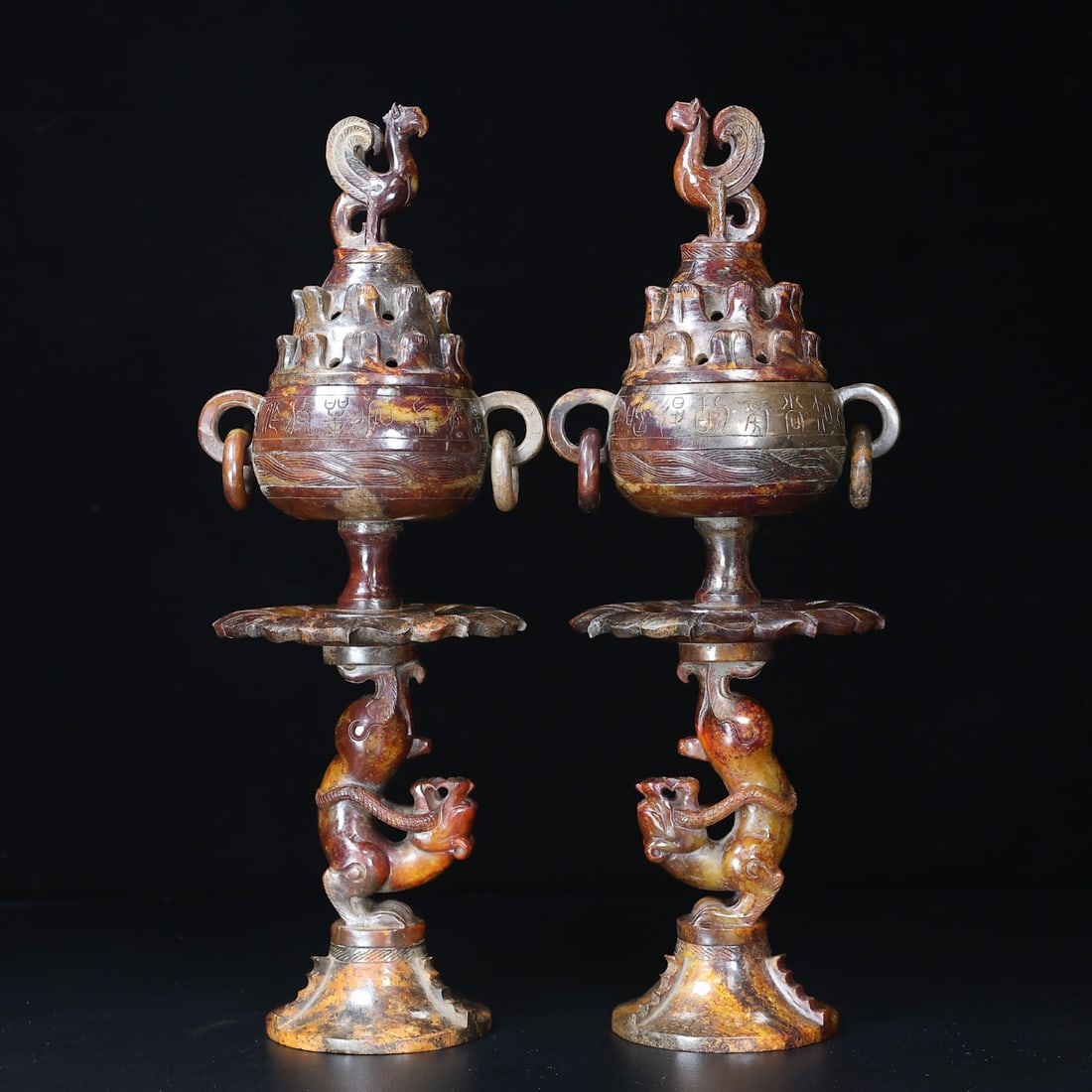 A Pair of Exquisite White Jade Auspicious Animal with Cover Double-Ears Censer,With Inscriptions