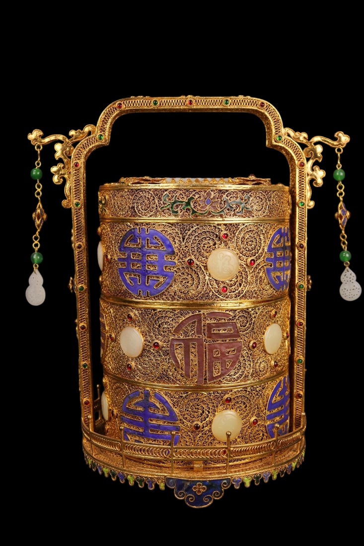 An Exquisite Filigree and Gilding Inlaid White Jade Tiered box,Inlaid Gems