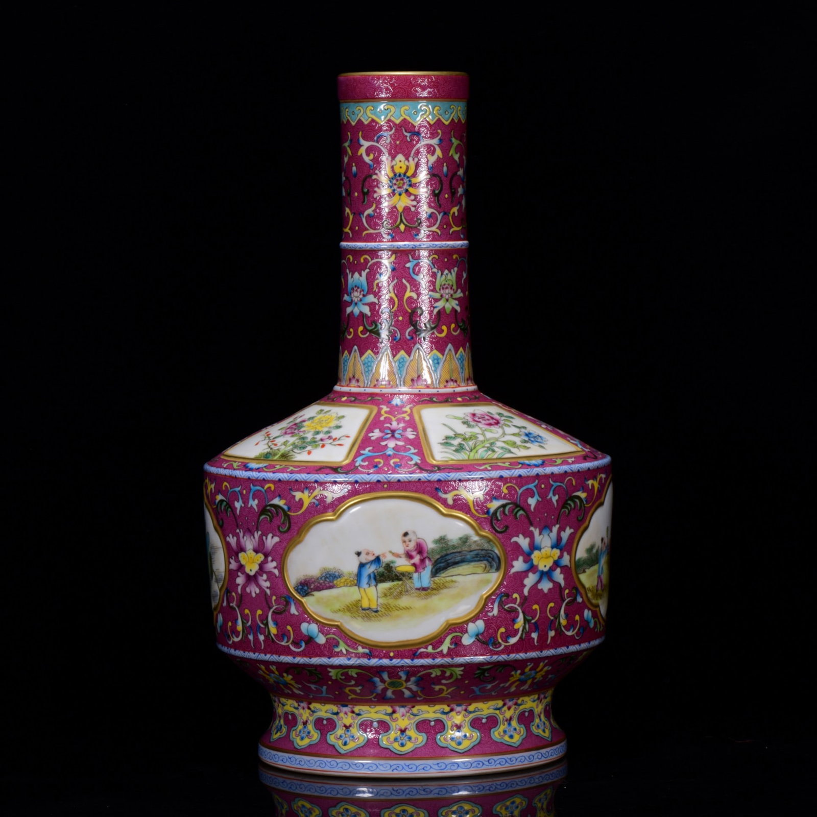 An Exquisite Enamel Ruby Red-Glazed Flower Pattern Character and Story Pattern Vase: An Exquisite Enamel Ruby Red-Glazed Flower Pattern Character and Story Pattern Vase,Qing Dynasty,China,with Qianlong Four-character Mark,Size:16.5inx9.8in,珐琅彩胭脂ń