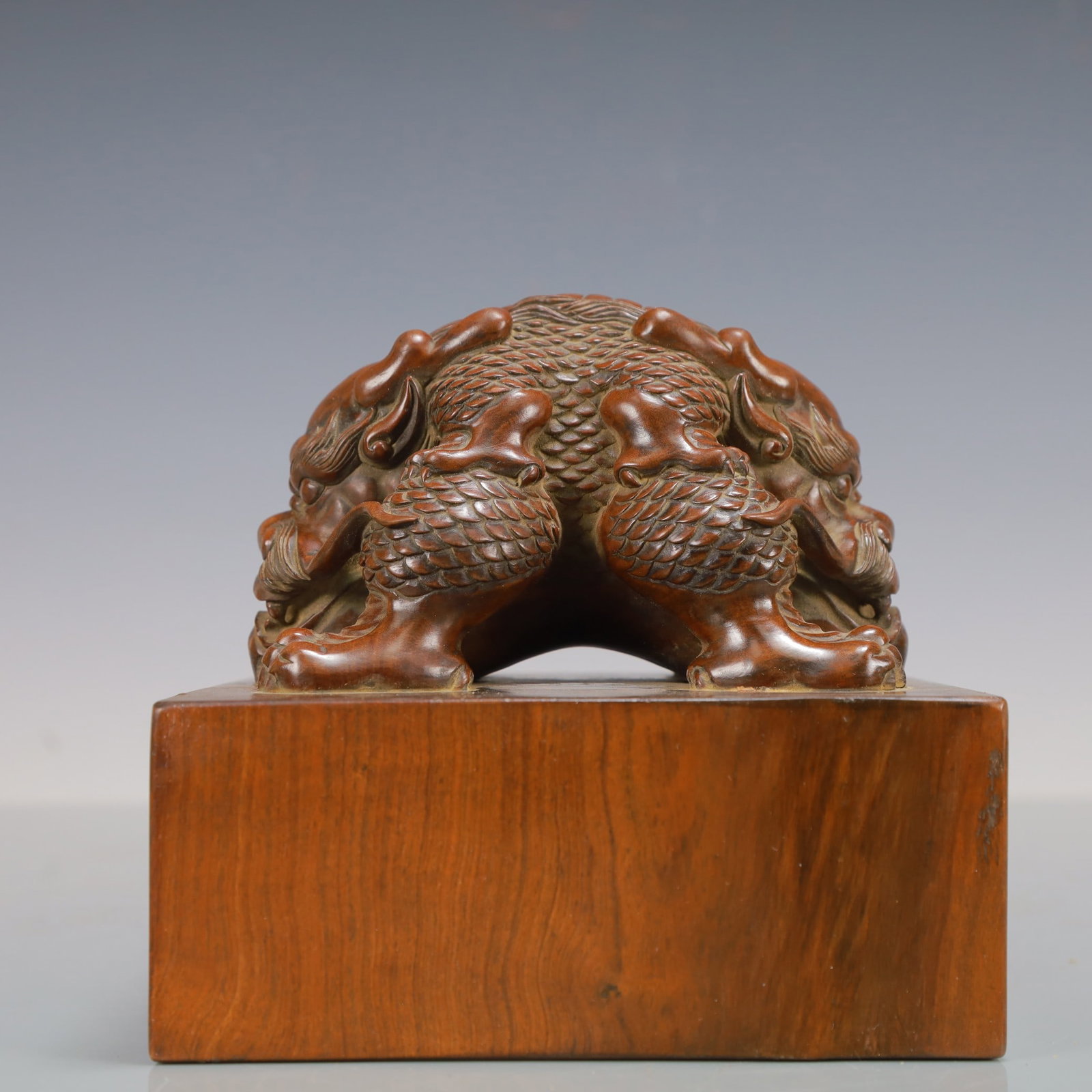 An Exquisite Sandalwood Auspicious Animal Seal: An Exquisite Sandalwood Auspicious Animal Seal,Qing Dynasty,China,Size:5.5inx5.5inx5.9in,Weight:1150g,檀香木瑞兽印章,中国清代