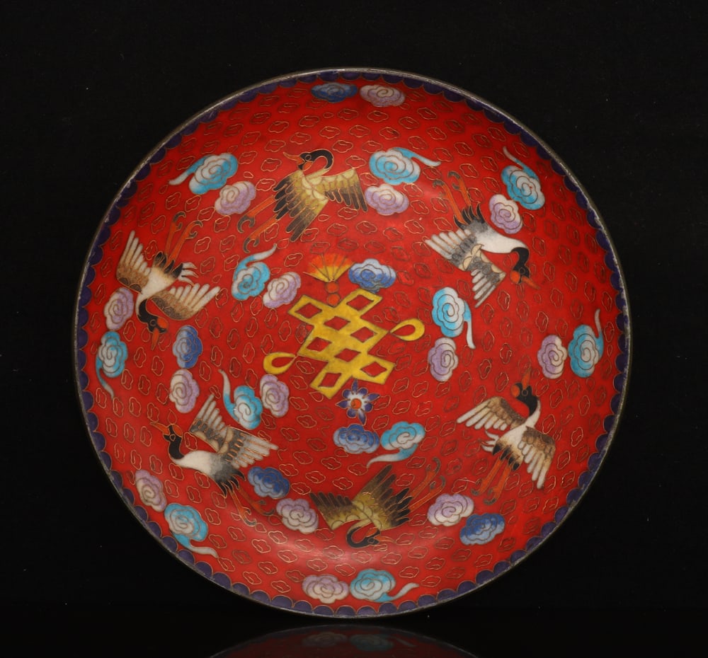 An Exquisite Cloisonne Auspicious Cloud and Crane Pattern Plate: An Exquisite Cloisonne Auspicious Cloud and Crane Pattern Plate,Qing Dynasty,China,Size:9.8in,Weight:1072g,景泰蓝祥云仙鹤纹盘,中国