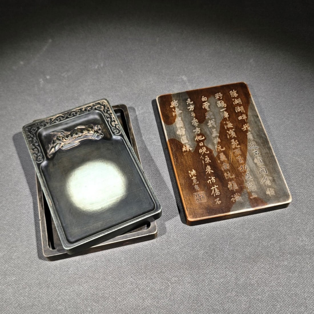 An Exquisite Lotus Leaf Pattern with poem Inkstone: An Exquisite Lotus Leaf Pattern with poem Inkstone,Qing Dynasty,China,With Mark,Size:6.4inx4.3inx1.2in,荷叶纹带诗文砚台,中国清代