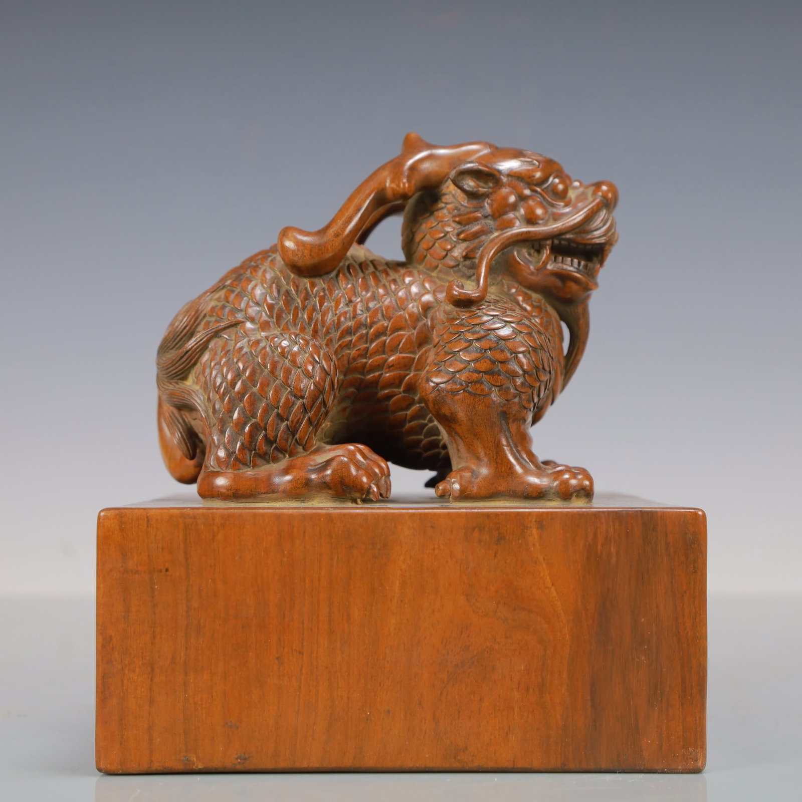 An Exquisite Sandalwood Auspicious Animal Seal: An Exquisite Sandalwood Auspicious Animal Seal,Qing Dynasty,China,Size:5.5inx5.5inx5.9in,Weight:1500g,檀香木瑞兽印章,中国清代