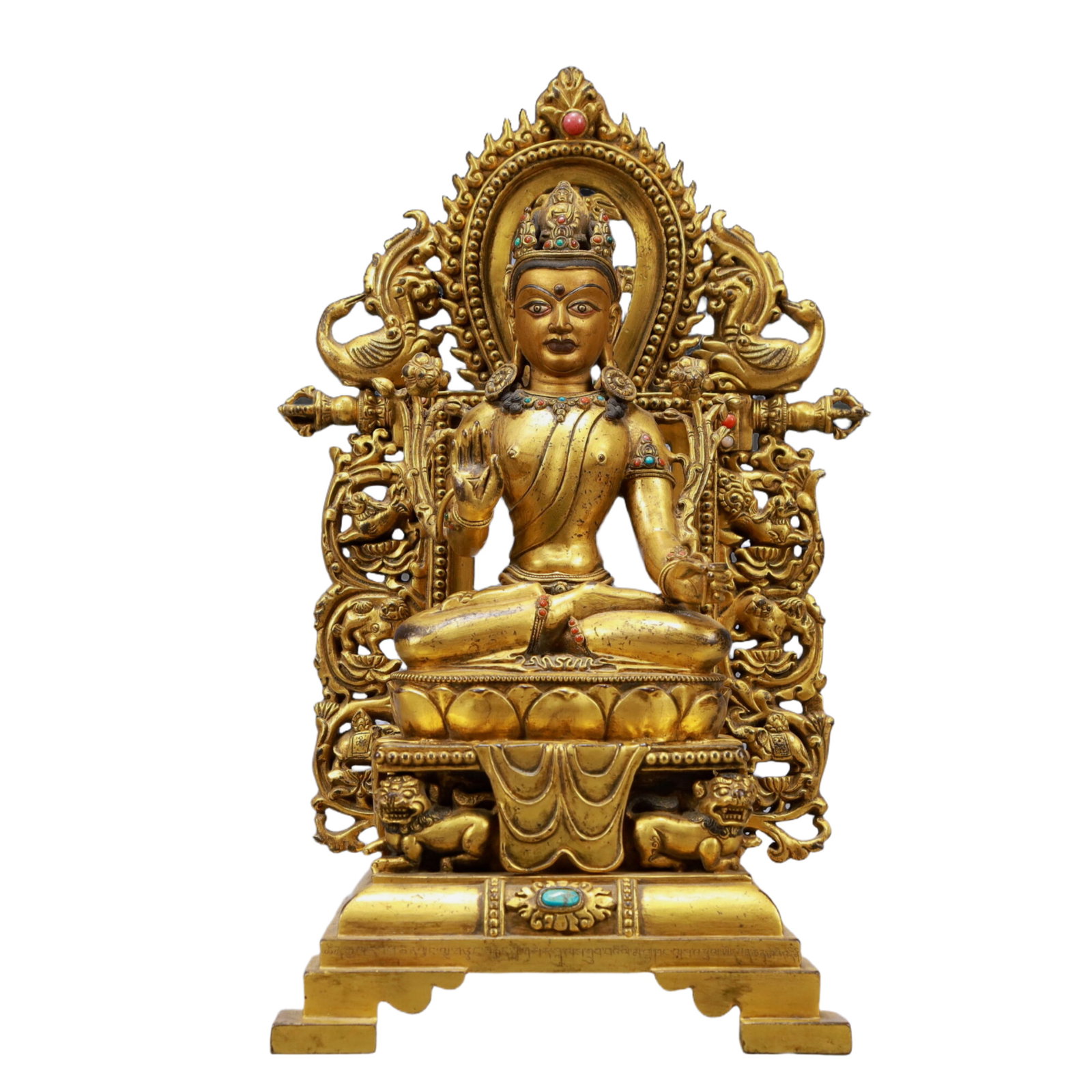 A Solemn Gilt Bronze Inlaid Turquoise Statue of Avalokitesvara: A Solemn Gilt Bronze Inlaid Turquoise Statue of Avalokitesvara ,Ming Dynasty, China,Size:7.3inx6.5inx17.3inWeight:6650g 铜鎏金嵌绿松石观音像