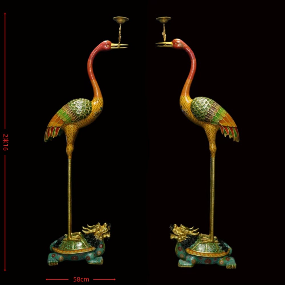 A Pair of Exquisite Cloisonne Crane Dragon and Turtle Candlesticks (1 of 9)