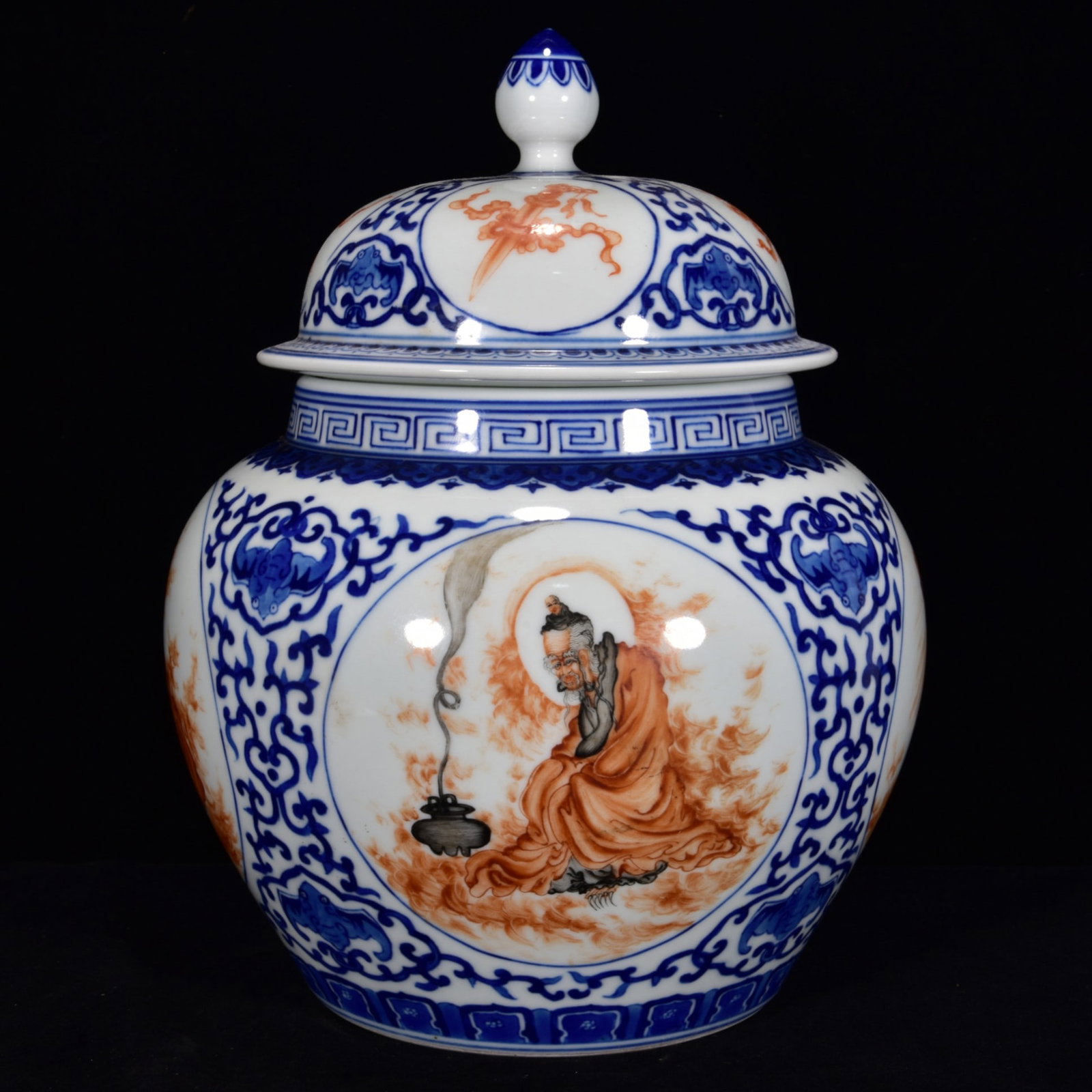 An Exquisite Blue and White Iron-Red Character and Story Pattern Jar: An Exquisite Blue and White Iron-Red Character and Story Pattern Jar,Qing Dynasty,China,with Qianlong Six-character Mark,Size:9.8inx7.5in,青花矾红釉人物ਠ