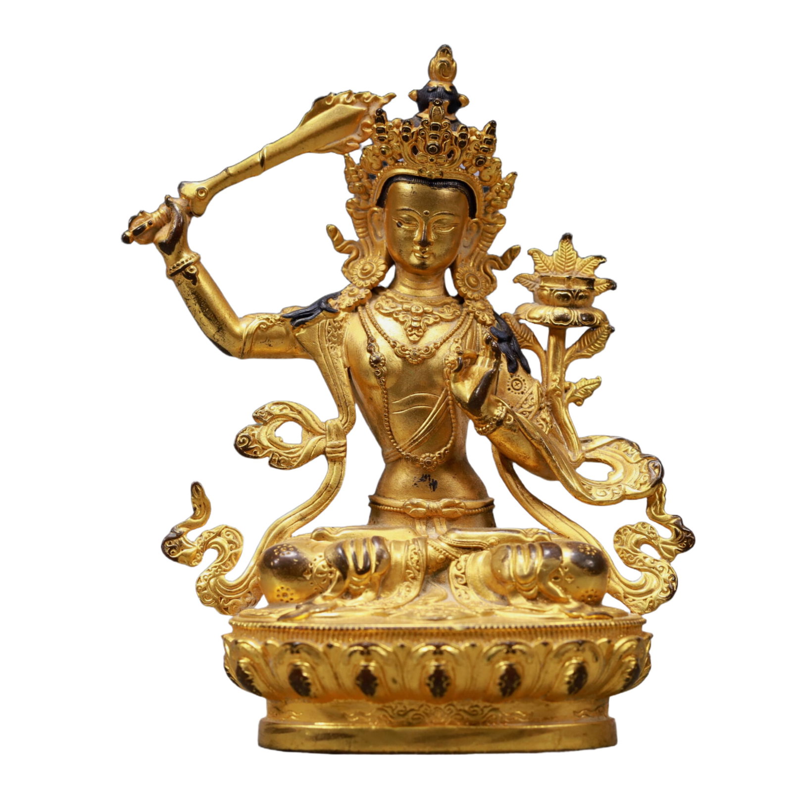 A Solemn Gilt Bronze Statue of Manjusri: A Solemn Gilt Bronze Statue of Manjusri,Qing Dynasty, China,Size:3inx1.8inx4.3inWeight:200g 铜鎏金文殊菩萨像,中国清代