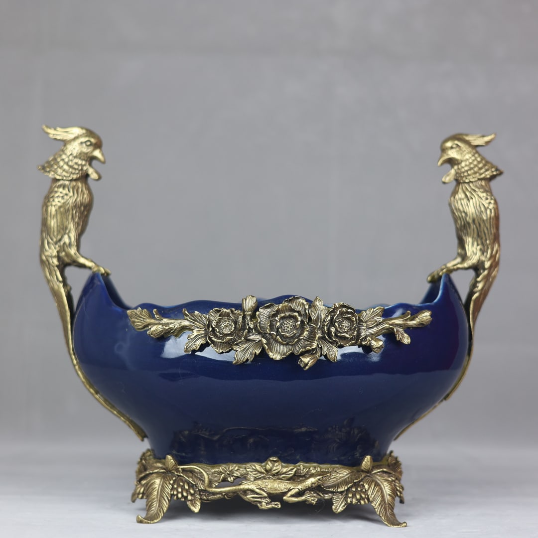 An Exquisite Ji Blue Glazed Inlaid Bronze Flower and Bird Pattern Basin: An Exquisite Ji Blue Glazed Inlaid Bronze Flower and Bird Pattern BasinQing Dynasty,China,Yongzheng Six-character Mark,霁蓝釉镶铜花鸟纹盆,中