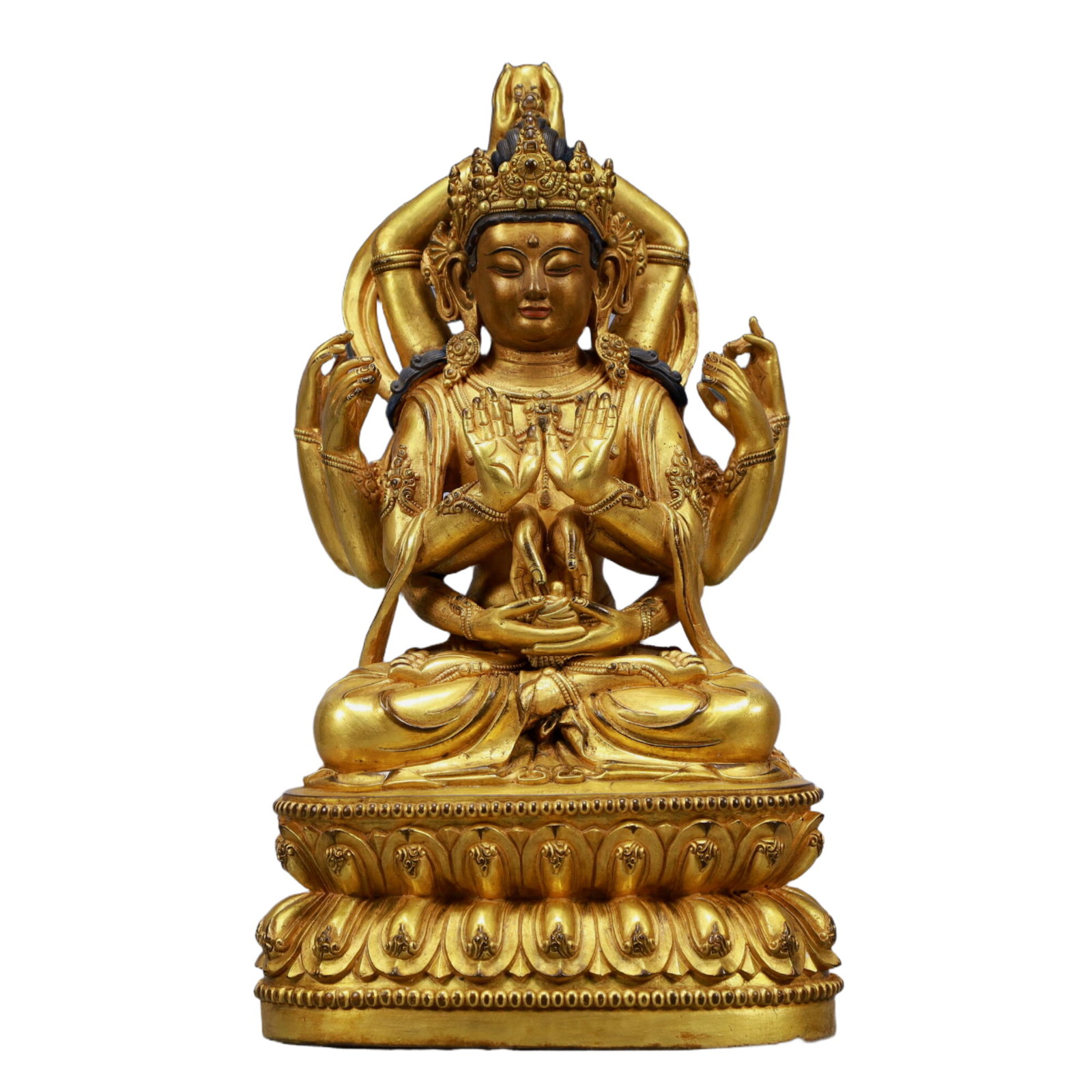 A Solemn Gilt Bronze Eight-arms Statue of Avalokitesvara: A Solemn Gilt Bronze Eight-arms Statue of Avalokitesvara ,Ming Dynasty, China,Yongle Six-character Mark,Size:6.7inx4.3inx12.6inWeight:6800g 铜鎏金八臂观音