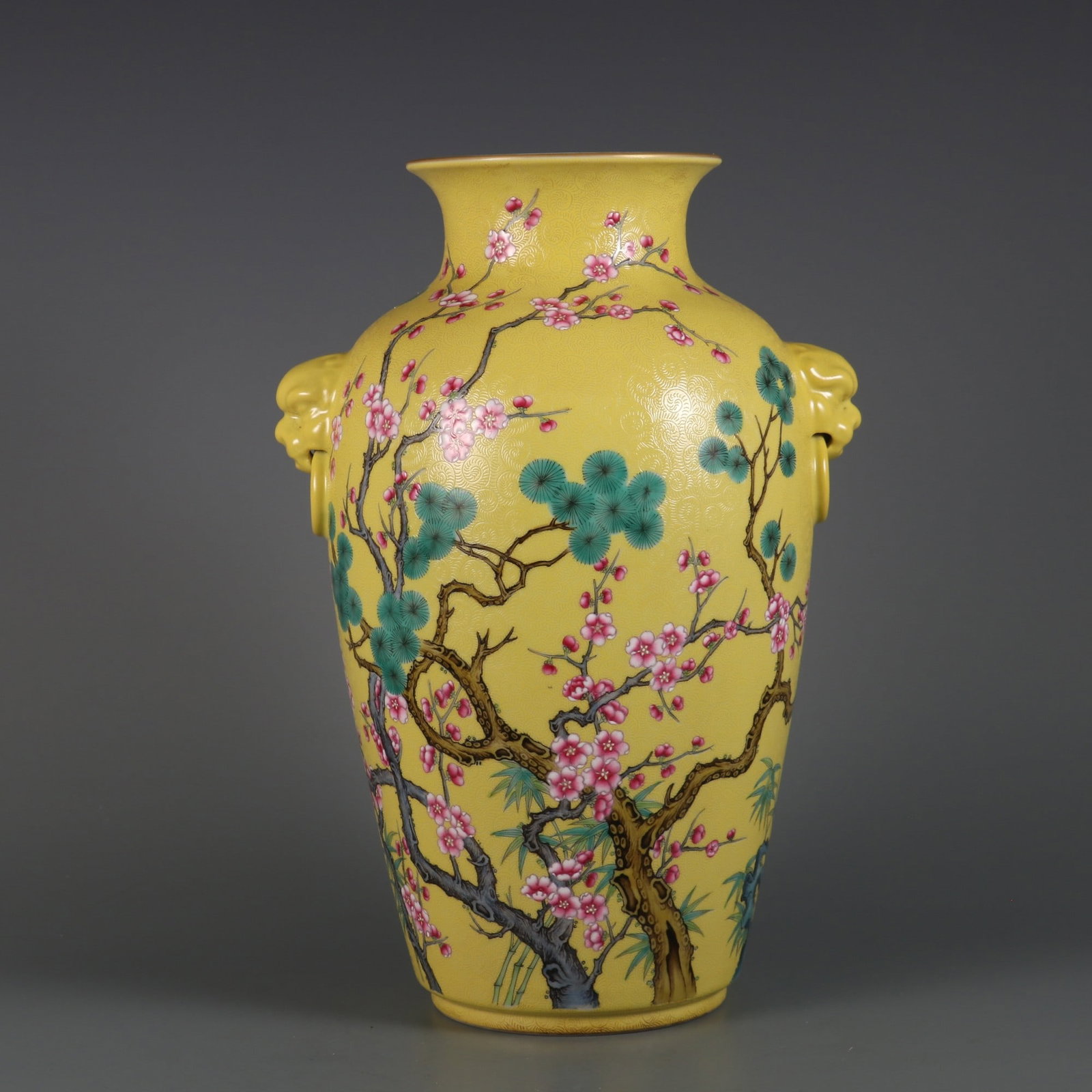 An Exquisite Enamel Yellow Ground Pine,Bamboo and Plum Blossom Pattern Double-Ears Vase: An Exquisite Enamel Yellow Ground Pine,Bamboo and Plum Blossom Pattern Double-Ears Vase,Qing Dynasty,China,Yongzheng Four-character Mark,Size:12.5inx7.9in,珐琅彩黄地Ĉ