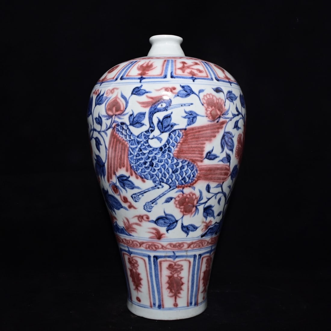 An Exquisite Blue and White Underglaze-Red Flower and Bird Pattern Vase,: An Exquisite Blue and White Underglaze-Red Flower and Bird Pattern Vase,Yuan Dynasty, China,With Mark,Size:16.9inx10.2in 青花釉里红花鸟纹瓶