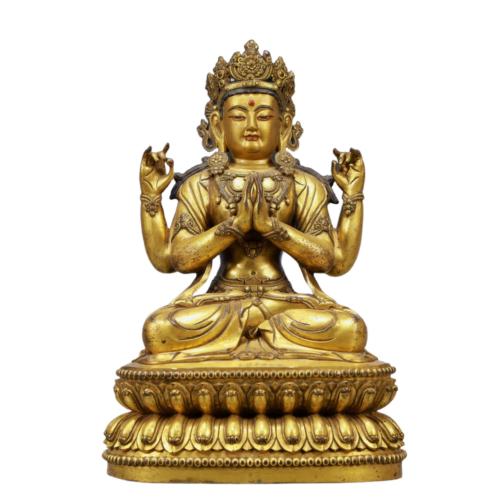A Solemn Gilt Bronze Four-arms Statue of Avalokitesvara: A Solemn Gilt Bronze Four-arms Statue of Avalokitesvara ,Ming Dynasty, China,Yongle Six-character Mark,Size:7.1inx4.3inx11.8inWeight:5350g 铜鎏金四臂观音Î