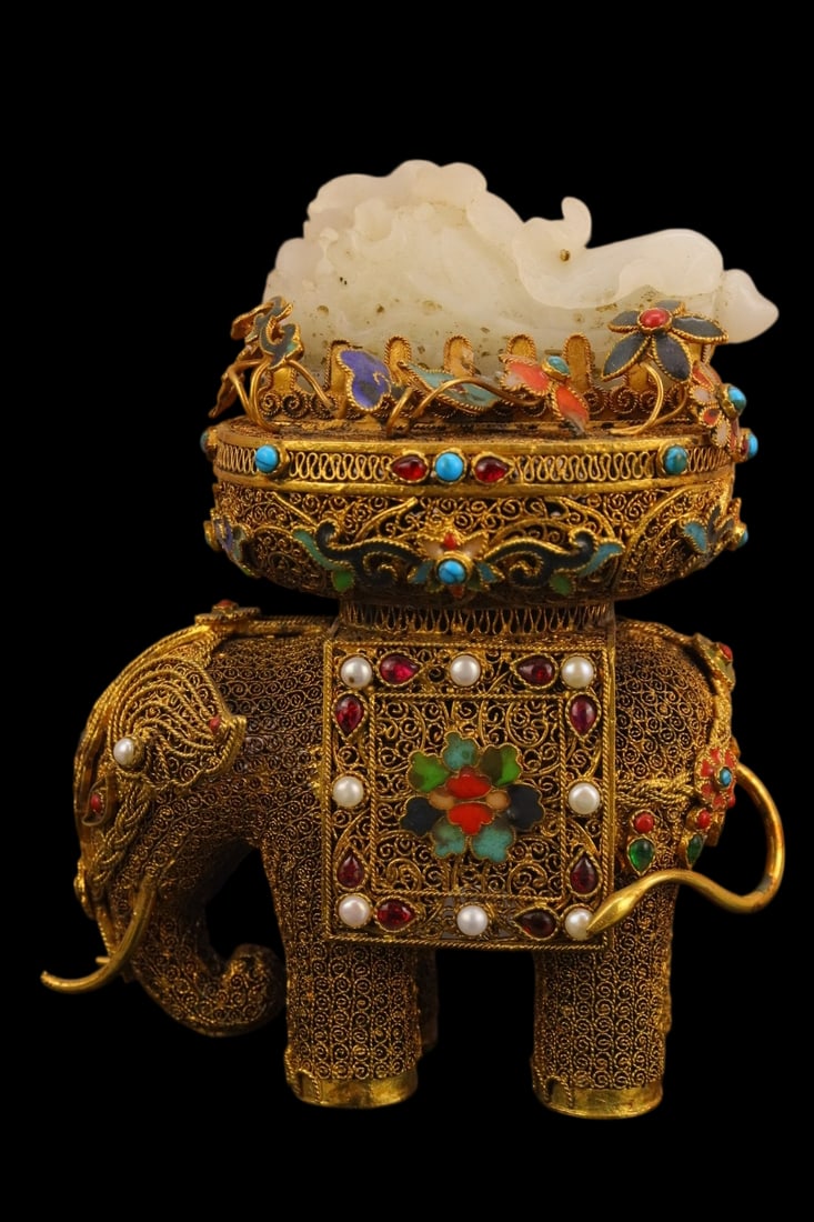 An Exquisite Filigree and Gilding Inlaid White Jade Elephant Ornament,Inlaid Gems (1 of 8)