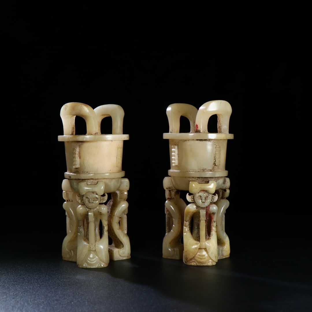 A Pair of Exquisite White Jade Double-Ears Tripod Censers