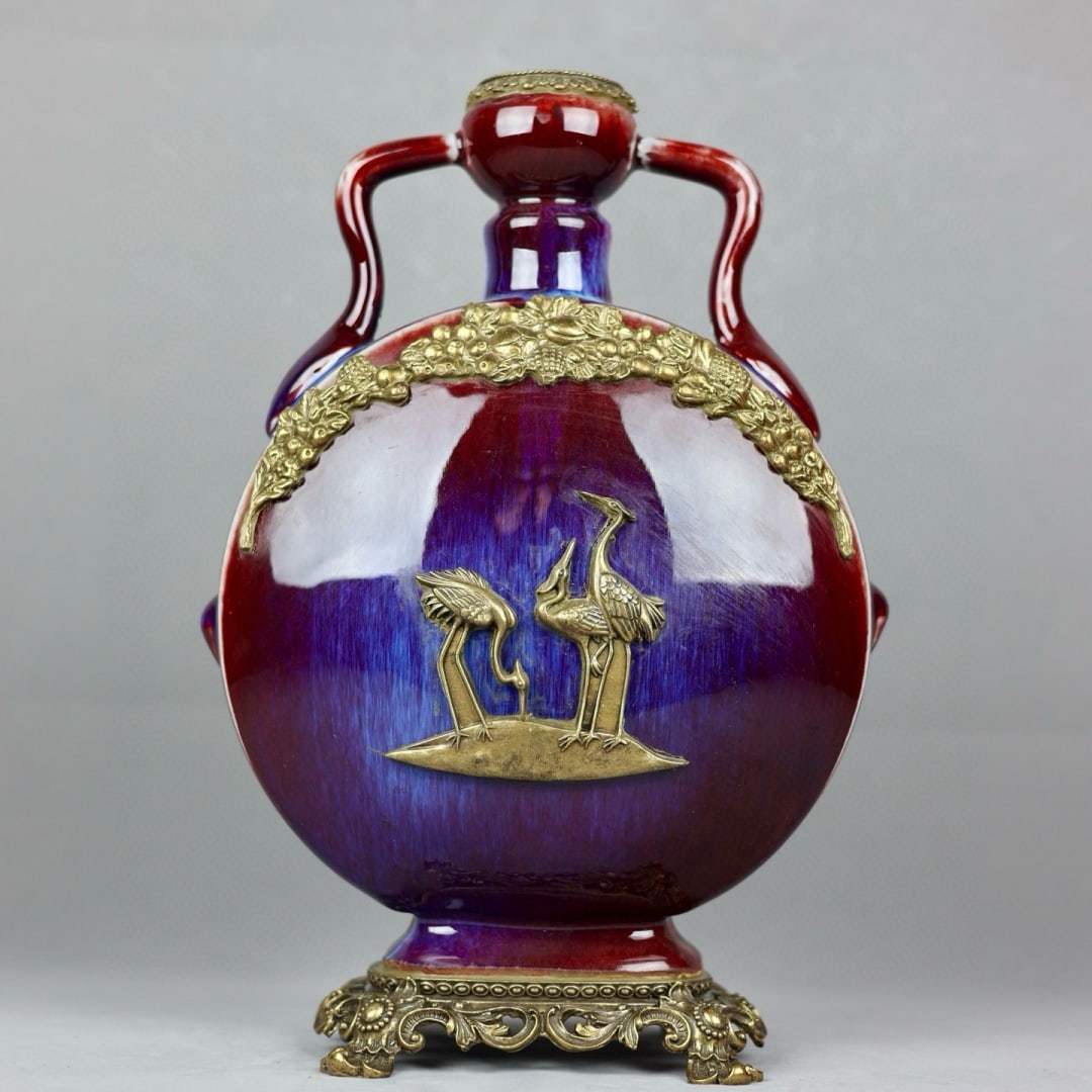 An Exquisite Flambe Glazed Inlaid Bronze Crane Pattern Double-Ears Vase
