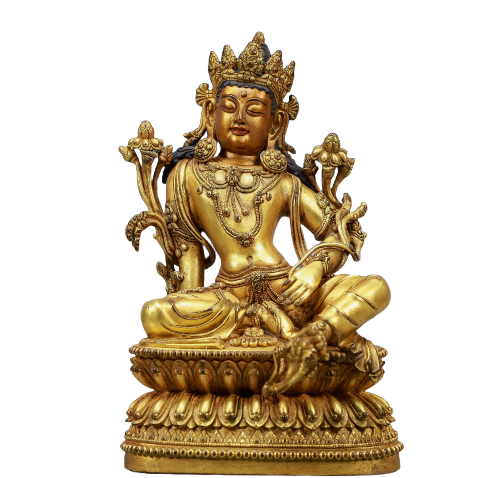 A Solemn Gilt Bronze Green Statue of Tara: A Solemn Gilt Bronze Green Statue of Tara ,Ming Dynasty, China,Yongle Six-character Mark,Size:6.1inx5.9inx10.6inWeight:4350g 铜鎏金绿度母像,中国&#