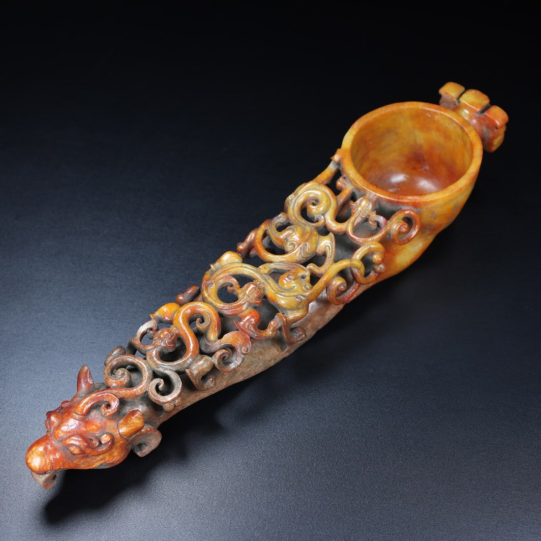 An Exquisite White Jade Dragon and Phoenix Pattern Spoon,With Inscription: An Exquisite White Jade Dragon and Phoenix Pattern Spoon,With Inscription,Han Dynasty,China,Size:16.5inx3.9inx2.8in,Weight:1529g,白玉龙凤纹勺子,带໤