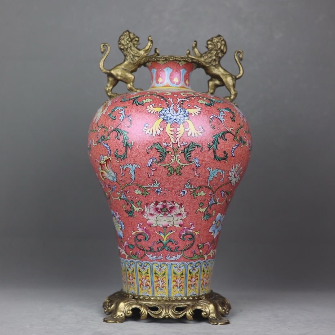 An Exquisite Famille-Rose Inlaid Bronze Lotus Pattern Double-Ears Vase