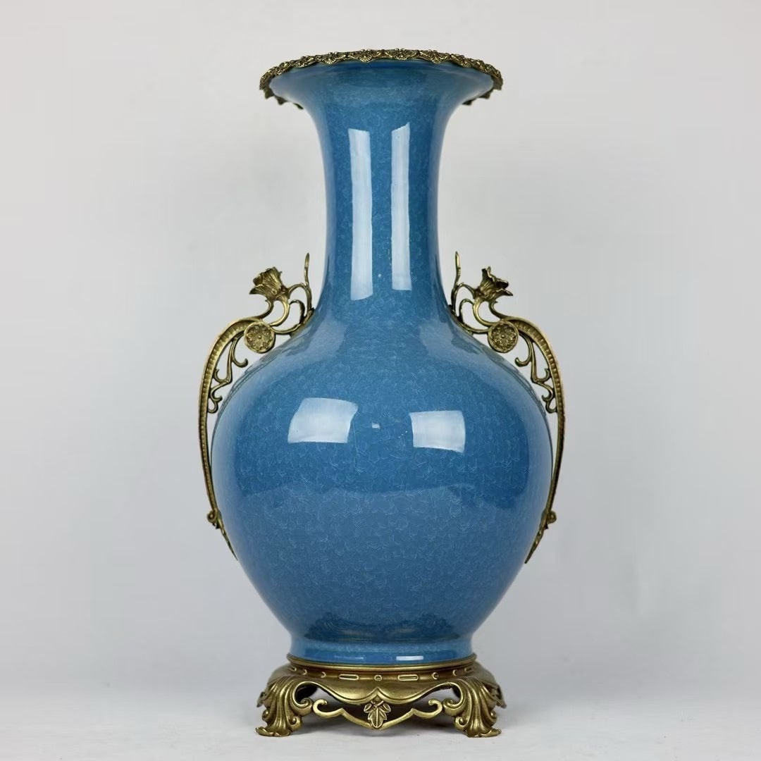 An Exquisite Blue Glazed Inlaid Bronze Double-Ears Vase