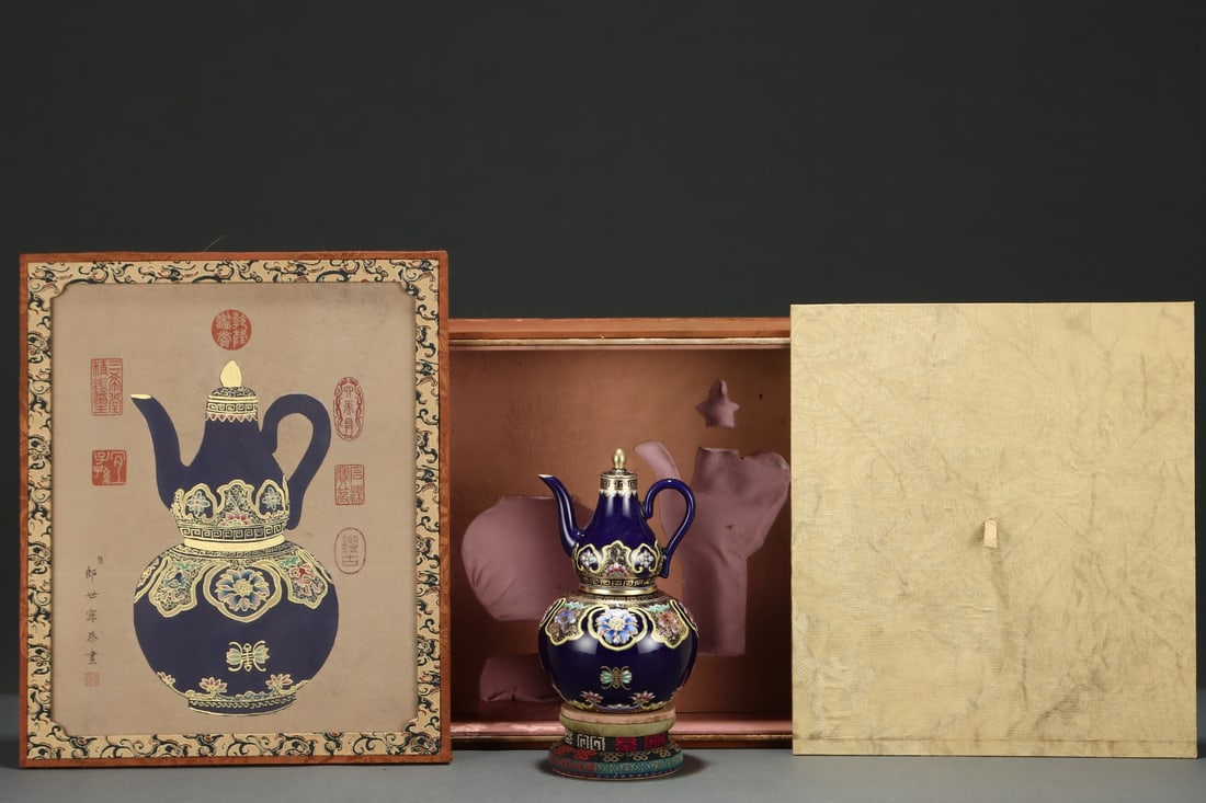 An Exquisite Famille-Rose Ji Blue Glazed Painted Gold Flower and Butterfly Pattern Ewer