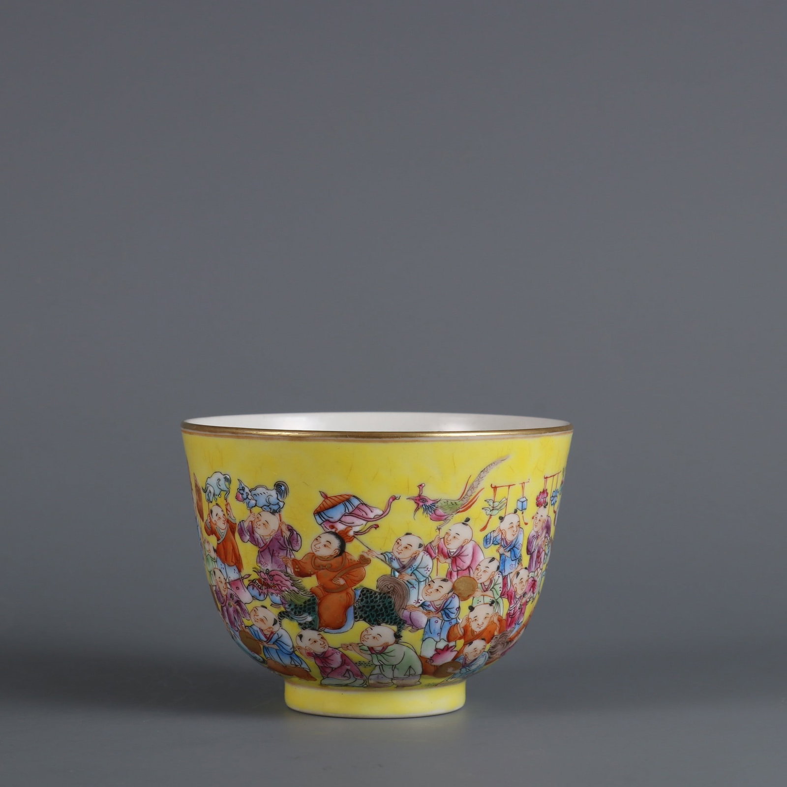 An Exquisite Famille-Rose Yellow Ground Character and Story Pattern Cup: An Exquisite Famille-Rose Yellow Ground Character and Story Pattern Cup,Qing Dynasty,China,Tongzhi Six-character