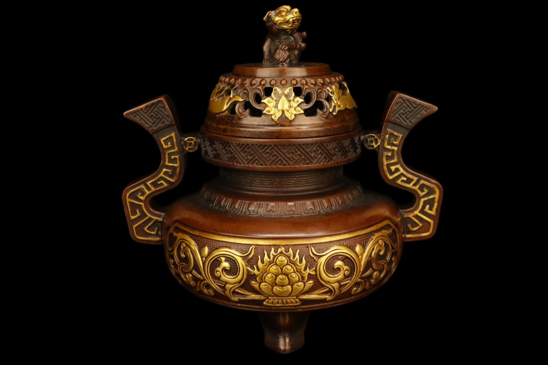 An Exquisite Gilt Bronze Flower Pattern Double-Ears Tripod Censer: An Exquisite Gilt Bronze Flower Pattern Double-Ears Tripod Censer,Ming Dynasty,China,with Xuande Six-character