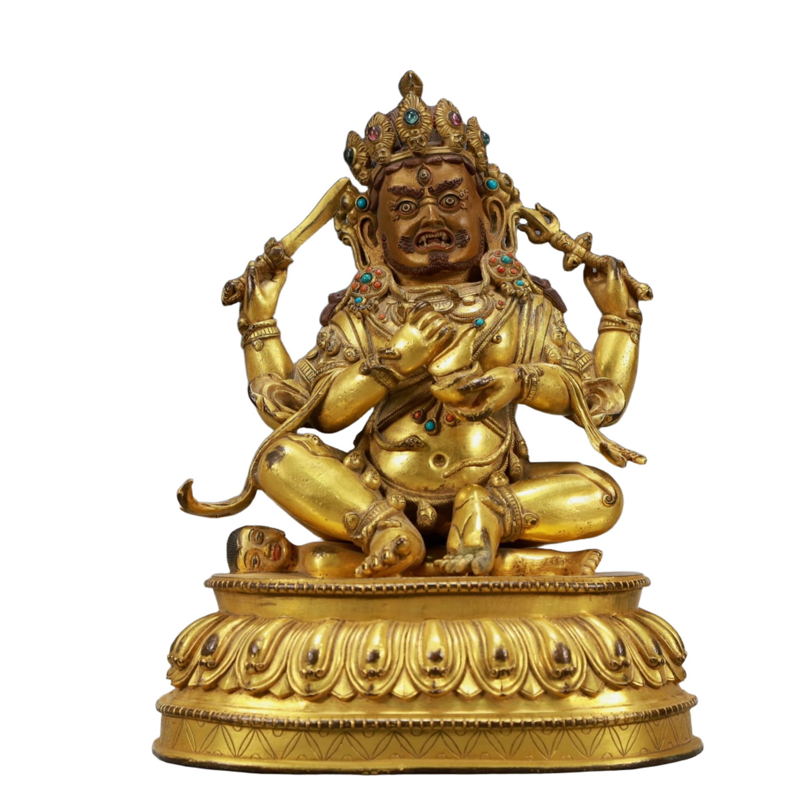 A Solemn Gilt Bronze Statue of Mammon,Inlaid Turquoise: A Solemn Gilt Bronze Statue of Mammon,Inlaid Turquoise,Ming Dynasty, China,Yongle Six-character Mark,Size:6.7inx3.9inx8.7in,Weight:2650g,铜鎏金财神像,嵌ಳ