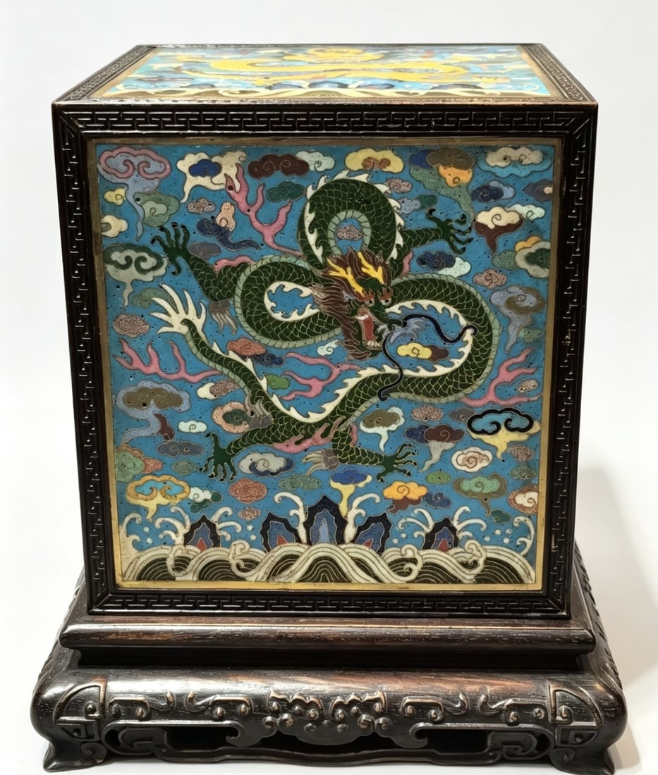 An Exquisite Zitanwood Inlaid Cloisonne Dragon Pattern Box: An Exquisite Zitanwood Inlaid Cloisonne Dragon Pattern Box,Qing Dynasty,China,Size:9.1inx9.1inx10in,紫檀木镶景泰蓝龙纹盒子,中