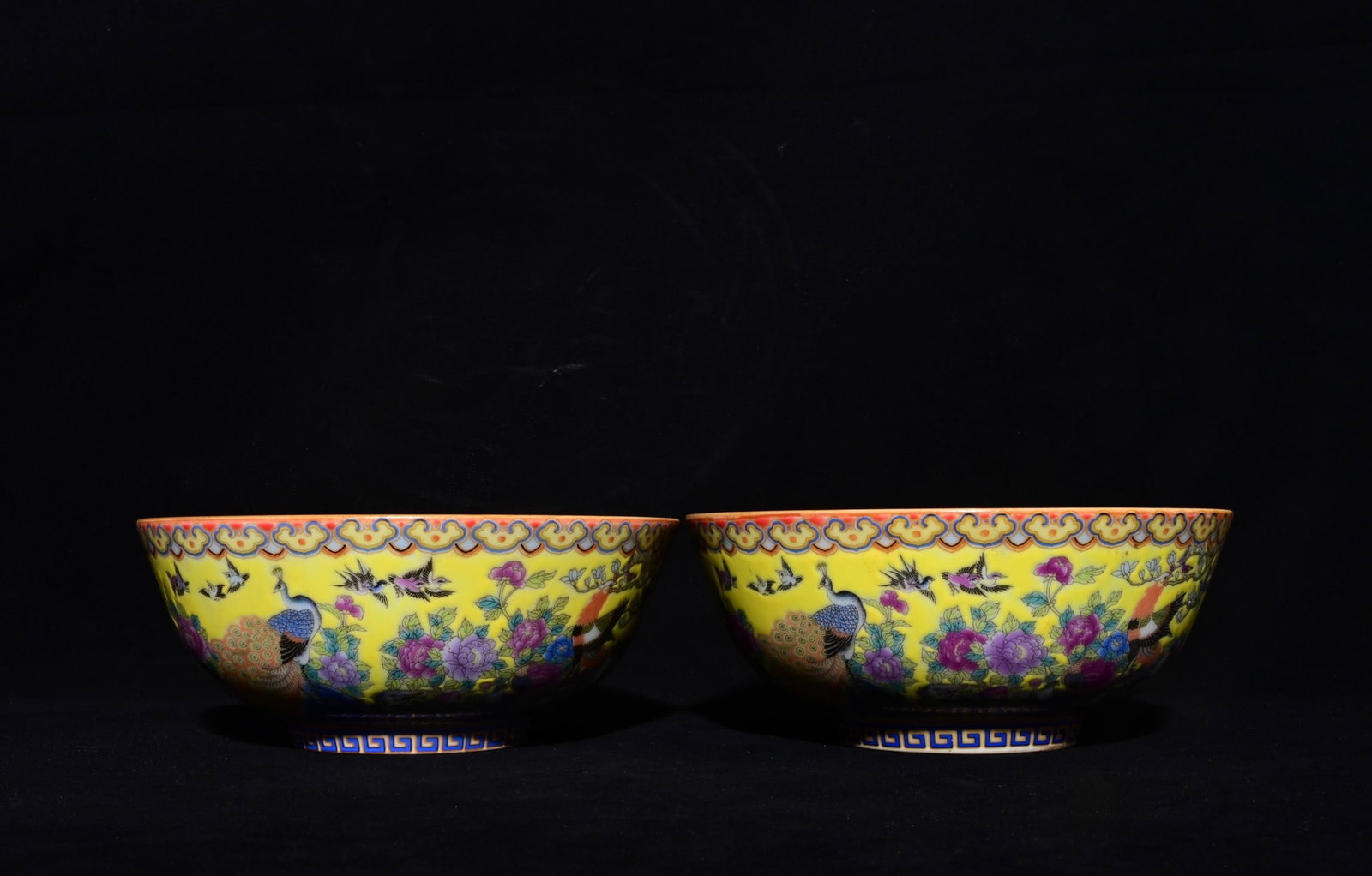 A Pair of Exquisite Enamel Flower and Bird Pattern Bowls,: A Pair of Exquisite Enamel Flower and Bird Pattern Bowls,Qing Dynasty, China,Qianlong Six-character Mark,Size:2.5inx5.9in 一对珐琅彩花鸟纹碗