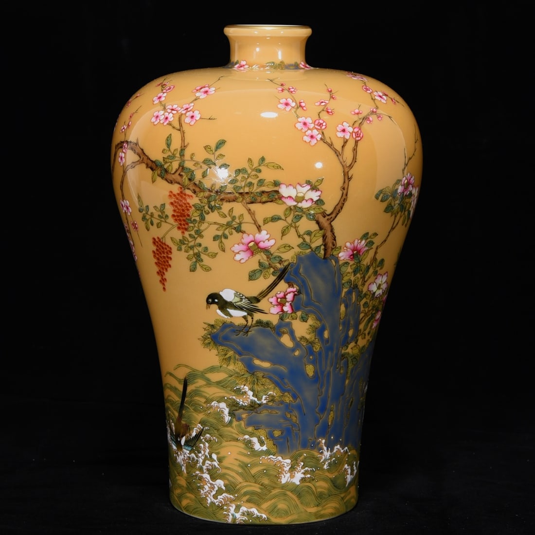 An Exquisite Famille-Rose Yellow Glazed Flower and Bird Pattern Vase: An Exquisite Famille-Rose Yellow Glazed Flower and Bird Pattern Vase,Qing Dynasty,China,with Yongzheng Six-character Mark,Size:11.6inx7.5in,粉彩黄釉花鸟纹