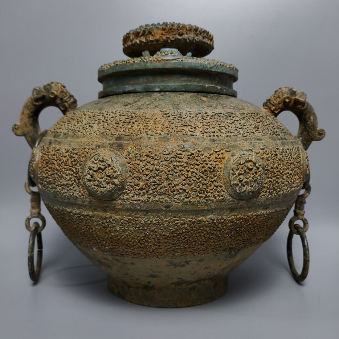 An Exquisite Bronze with Cover Beast-Ears Jar: An Exquisite Bronze with Cover Beast-Ears Jar,the Warring States period in China,Size:11inx13.8in,Weight:7000g,青铜带盖兽耳罐,中国战国