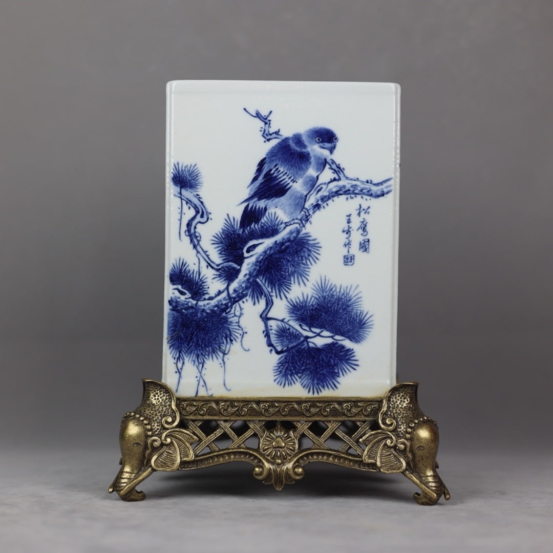 An Exquisite Blue and White Inlaid Bronze Flower and Bird Pattern Brush Pot , with poem: An Exquisite Blue and White Inlaid Bronze Flower and Bird Pattern Brush Pot , with poemModern Time of China,With Mark,青花铜底花鸟纹笔筒,带&