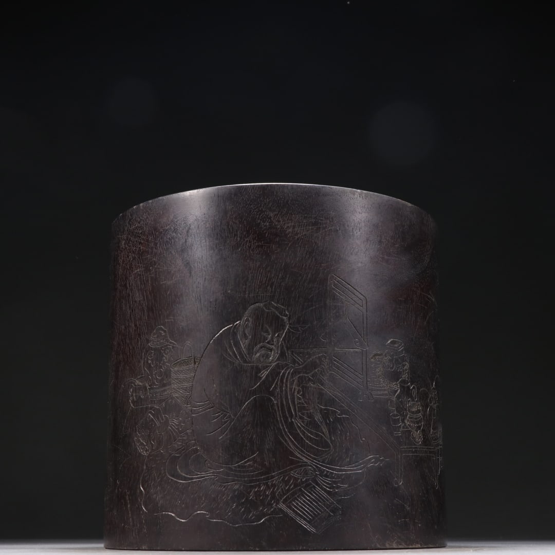 An Exquisite Zitanwood Character and Story Pattern Brush Pot,with poem: An Exquisite Zitanwood Character and Story Pattern Brush Pot,with poem,Qing Dynasty,China,With