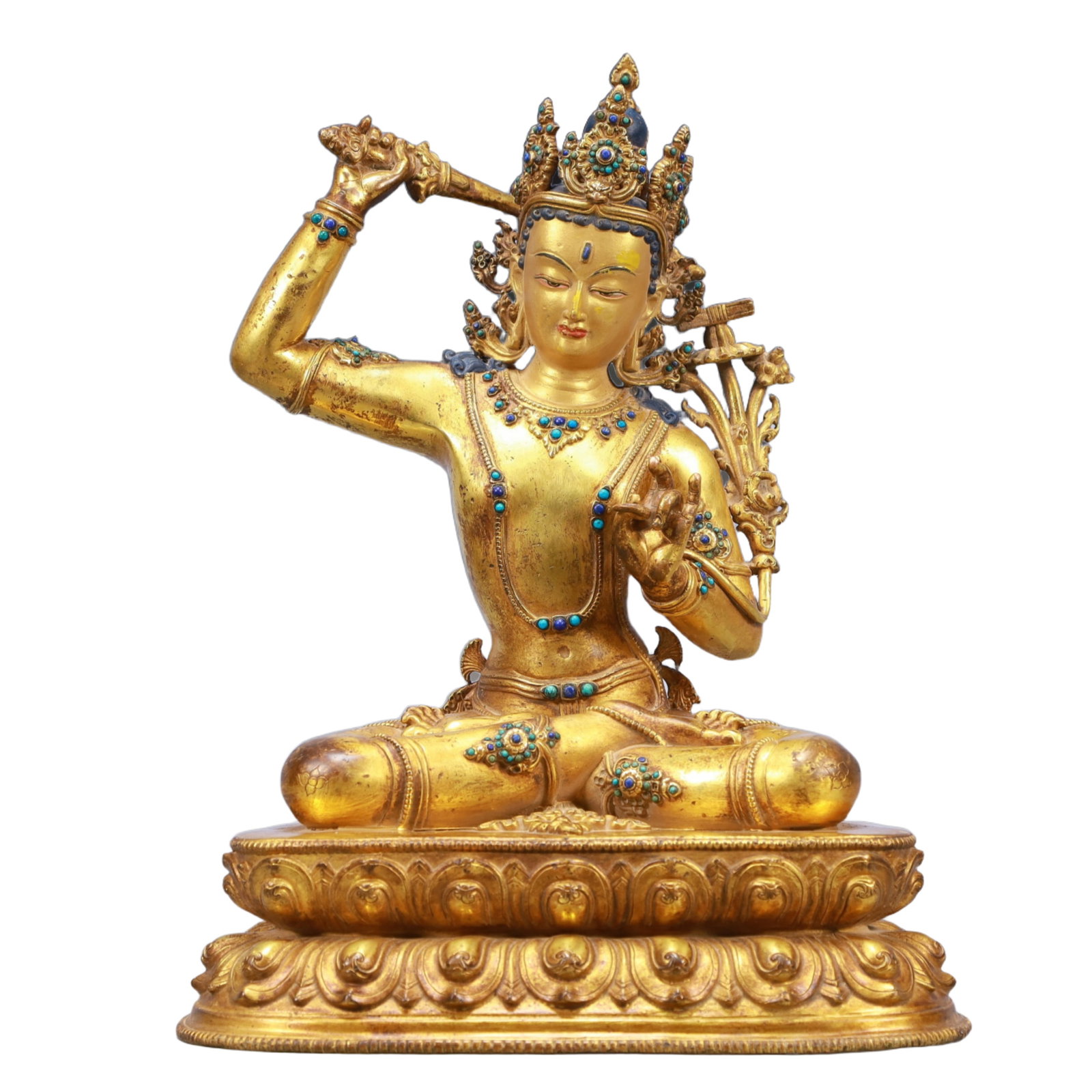 A Solemn Gilt Bronze Inlaid Gems Statue of Manjusri: A Solemn Gilt Bronze Inlaid Gems Statue of Manjusri,Ming Dynasty,