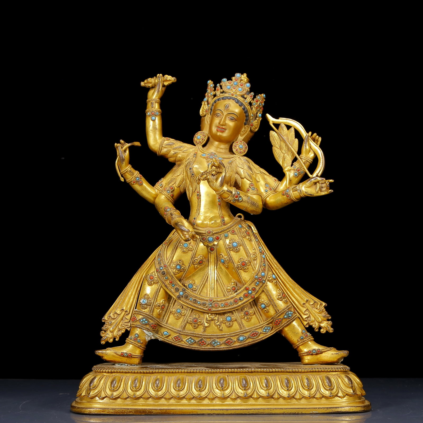 A Solemn Gilt Bronze Inlaid Turquoise Statue of Six-Armed Manjusri: A Solemn Gilt Bronze Inlaid Turquoise Statue of Six-Armed Manjusri,Ming Dynasty,China,Size:13inx5.9inx15.7in,Weight:7350g,铜鎏金嵌绿松石六臂ਧ